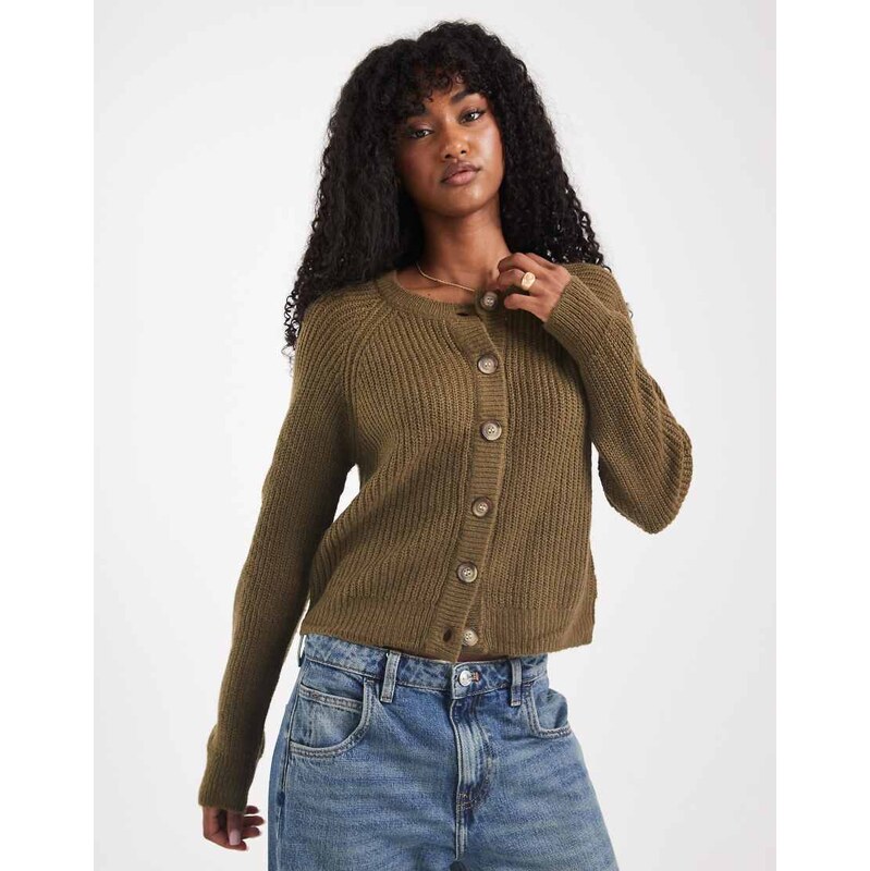 Brave Soul chunky knit cardigan with contrast buttons in khaki