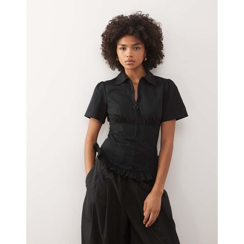 COLLUSION zip detail cinched waist shirt in black
