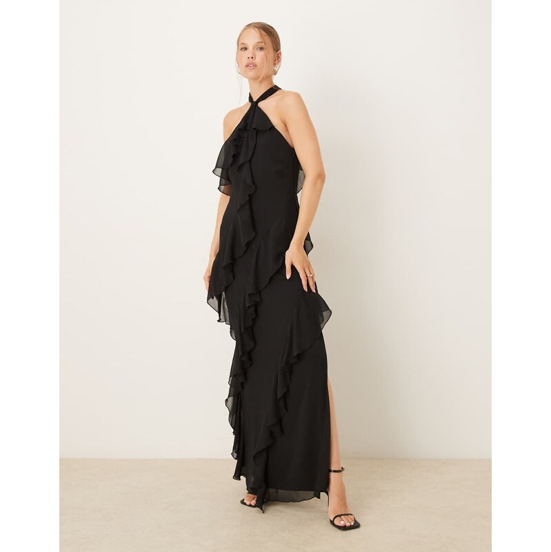 Pretty Lavish halter neck ruffle maxi dress in black 108784086