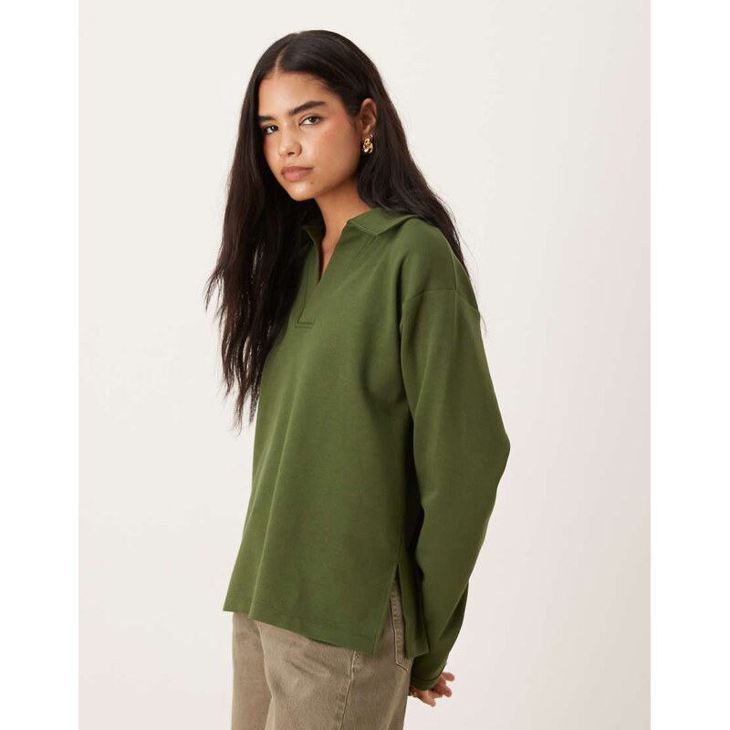 ASOS DESIGN interlock long sleeve rugby top in khaki-Green 108809932