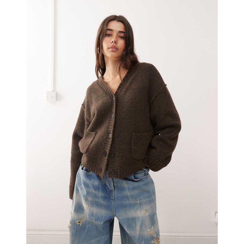 Weekday oversized v neck cardigan in brown melange 108784130