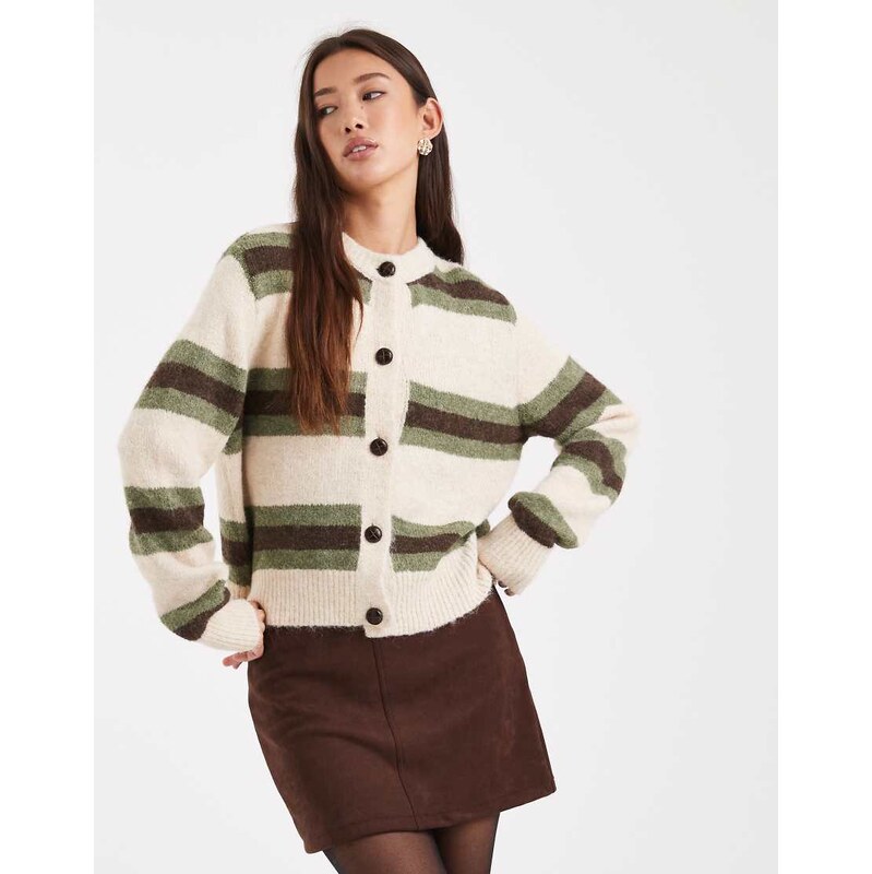New Look stripe cardigan in khaki and cream-White