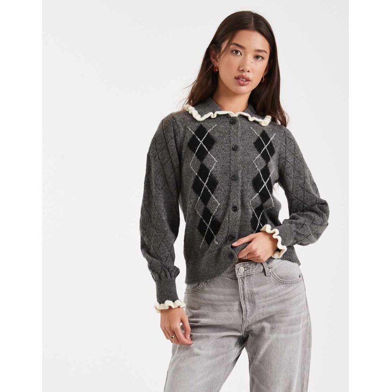 New Look argyle collar cardigan in grey