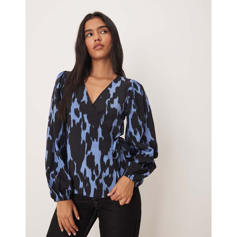 JDY abstract print wrap blouse in blue and black 108801305