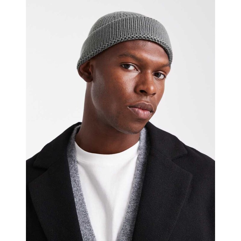 ASOS DESIGN knitted rib mini fisherman beanie in grey