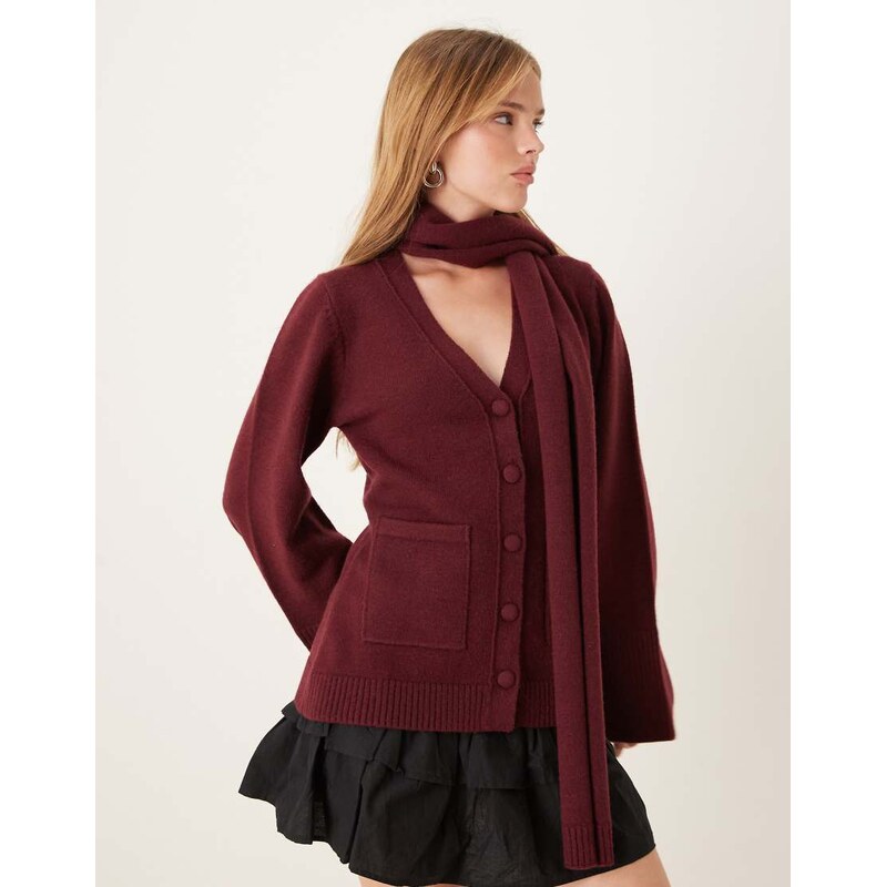Pretty Lavish scarf knit cardigan in burgundy-Red