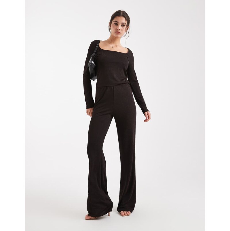 Vero Moda glitter wide leg trouser co-ord in chocolate and copper-Brown