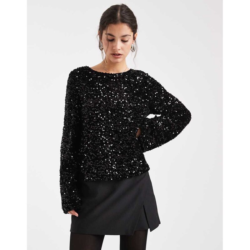 Pieces backless sequin top with satin bow back in black 108795266