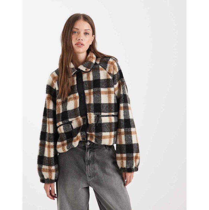 ONLY collar details borg jacket in beige check-Neutral