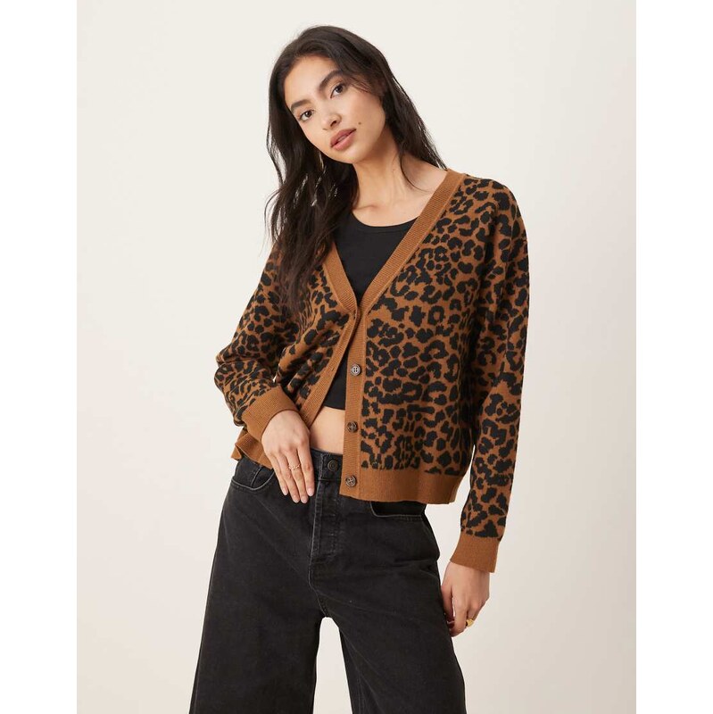 Mango v neck cardigan in leopard print-Brown