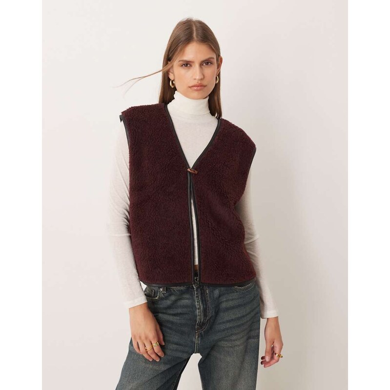 ASOS DESIGN borg fleece v neck gilet with contrast binding in