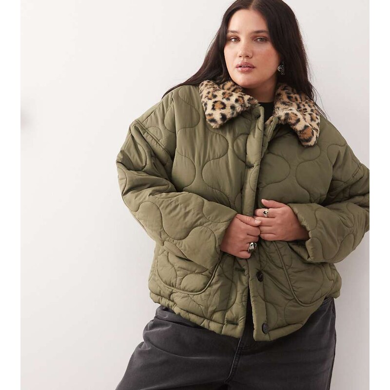 Noisy May Curve faux fur leopard collar detail quilted coat in khaki 108809898