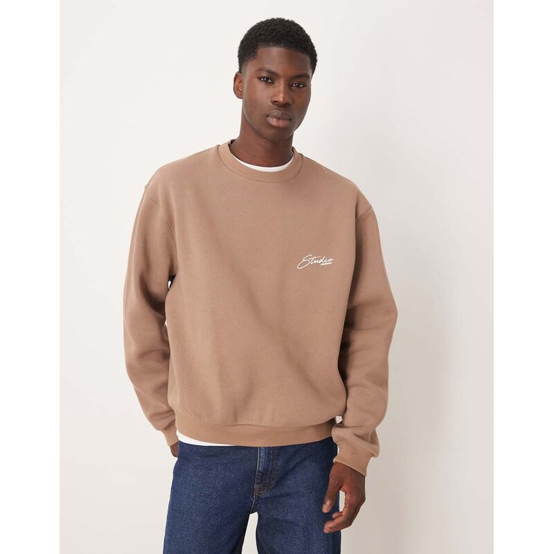 ASOS DESIGN relaxed boxy sweatshirt with chest print in beige