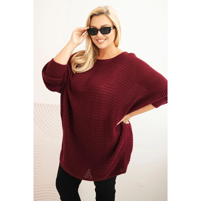 K-Fashion Dámský svetr Plus Size s mohairem pončo bordový