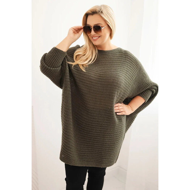 K-Fashion Dámský svetr Plus Size s mohair pončo khaki