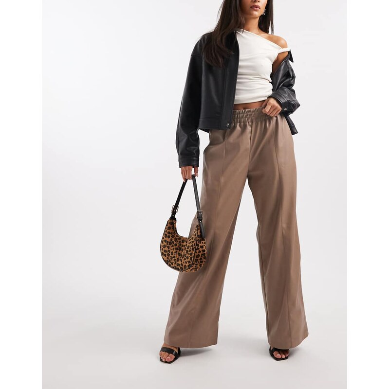 French Connection PU wide leg trousers with tie waist in taupe