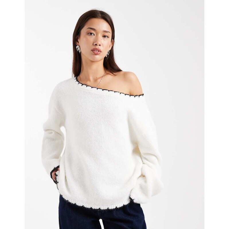 Miss Selfridge asym off the shoulder blanket stitch slouchy jumper in 108795439