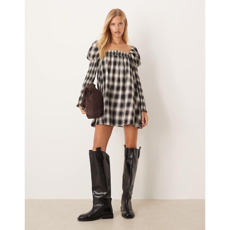 ASOS DESIGN square neck mixed shirred babydoll mini dress in black and tan check-Multi