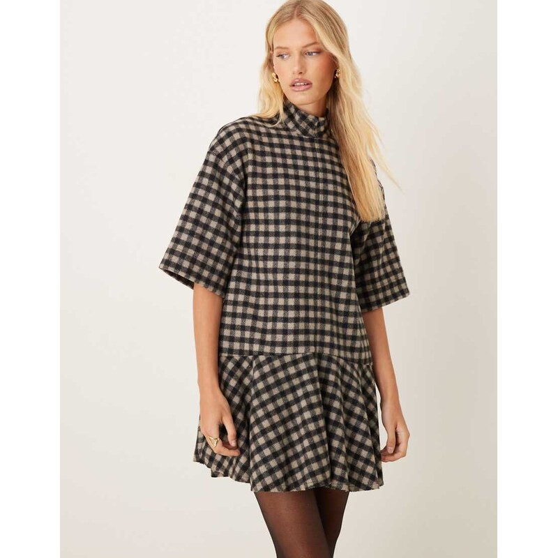 ASOS DESIGN high neck short sleeve mini dress with dropped waist in mono check-Multi