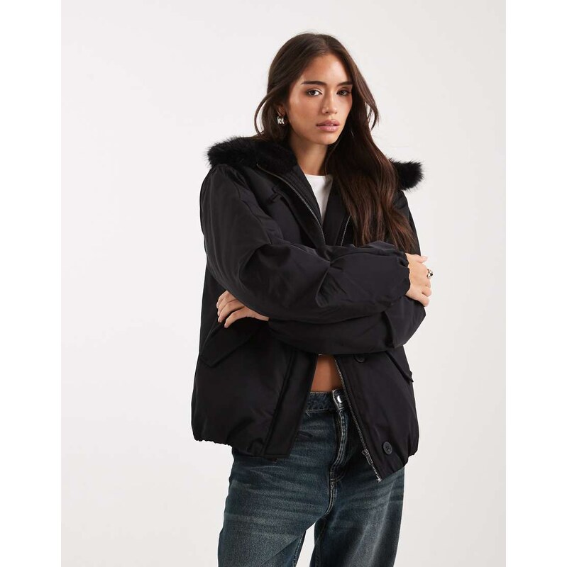ASOS DESIGN bomber parka jacket with faux fur hood in black