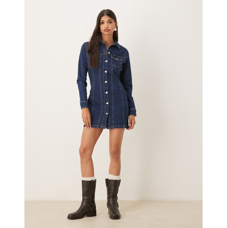 ASOS DESIGN denim long sleeve fitted shirt mini dress in rinse