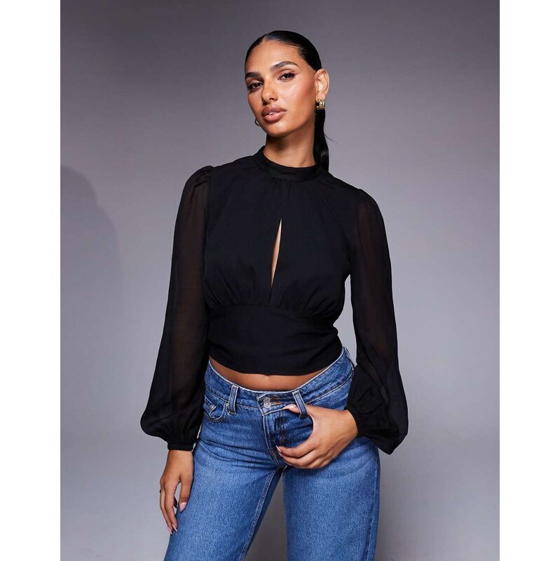 ASOS DESIGN high neck tie back crinkle top in black