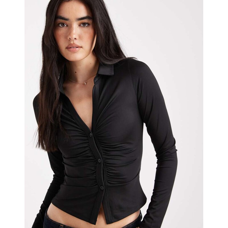 ASOS DESIGN slinky ruched fitted long sleeve shirt in black
