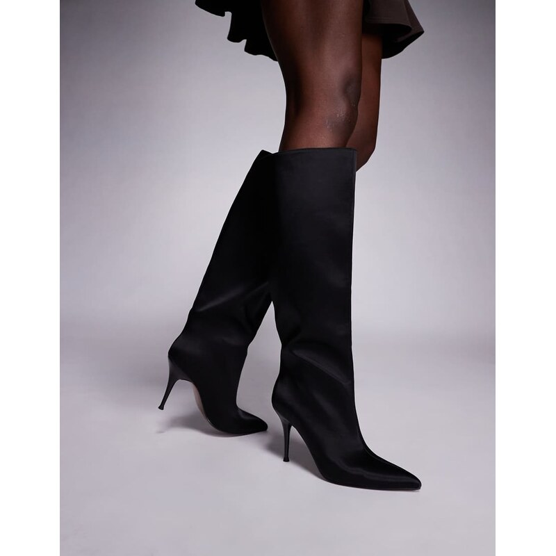 ASOS DESIGN Corinne stiletto heeled knee boots in black satin 108972274
