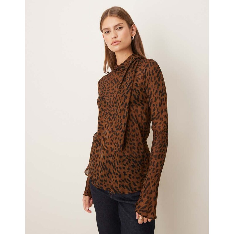 Mango high neck long sleeve blouse in leopard print-Brown