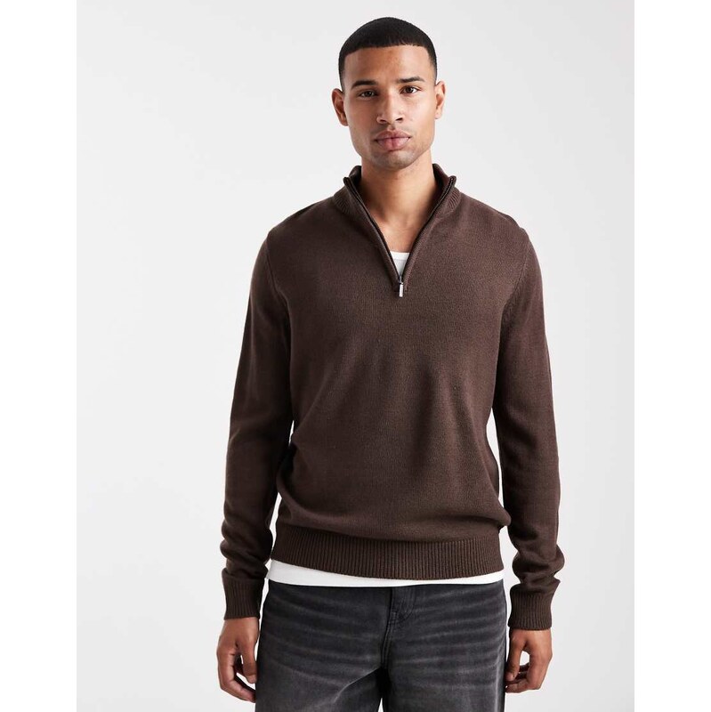 Brave Soul knit quarter zip jumper in chocolate brown