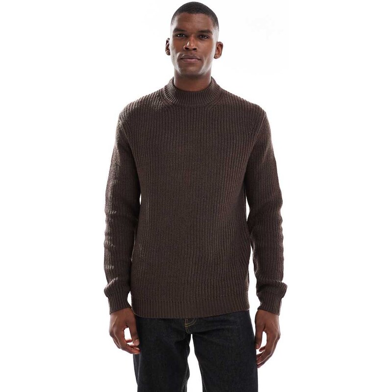 Brave Soul ribbed knit crew neck jumper in chocolate brown