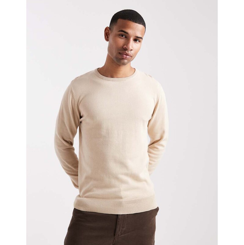 Brave Soul fine knit crew neck jumper in stone-Neutral