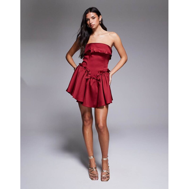 ASOS LUXE structured satin bandeau mini dress with bow detail in dark 108808346