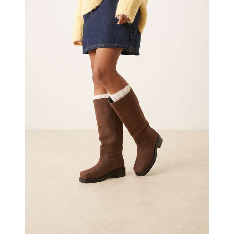 ASOS DESIGN Cynthia leather trucker pull on knee boots in chocolate nubuck-Brown