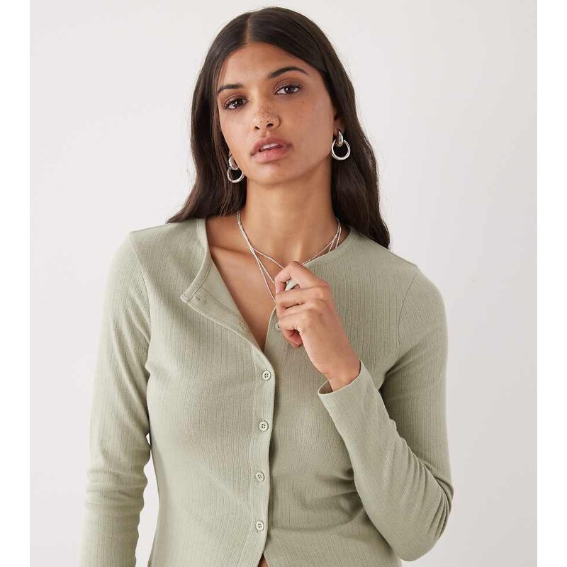 COLLUSION long sleeve pointelle cardigan in khaki-Green 108841047