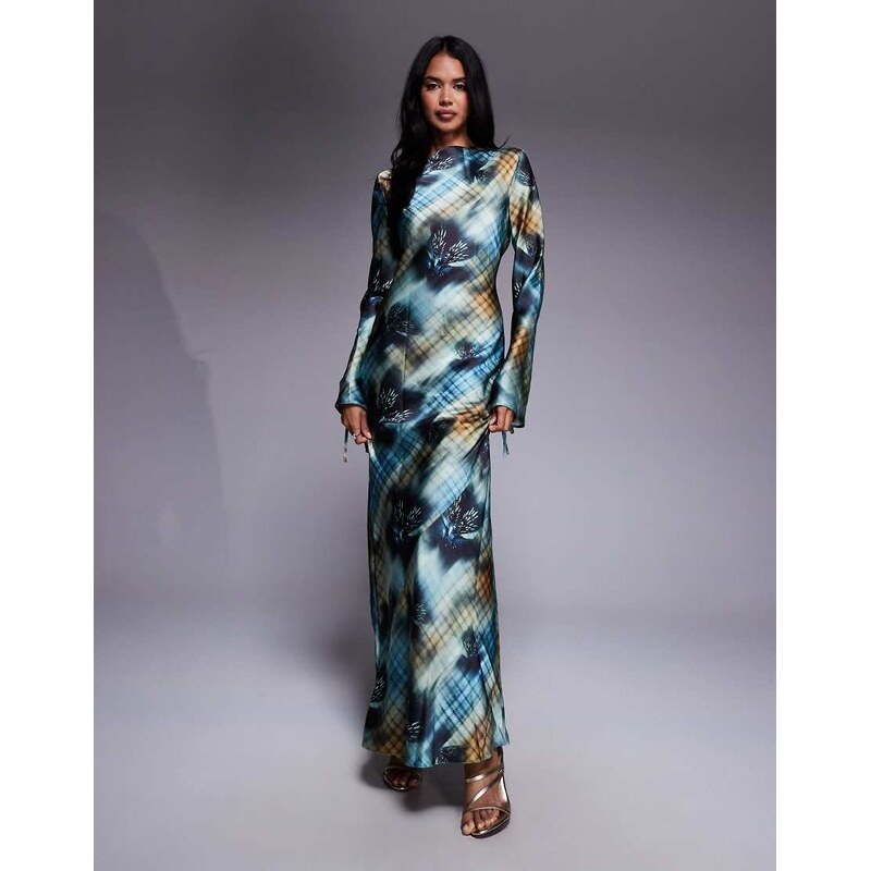 Daska satin maxi dress in cobalt blue abstract tartan print-Multi 108808477