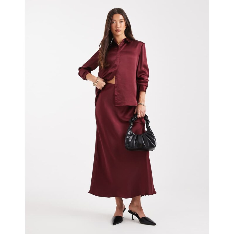French Connection Irina satin midi skirt in burgundy-Red 108808480