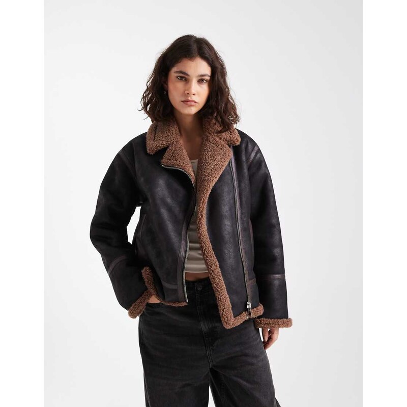 French Connection faux suede borg lined biker jacket in black