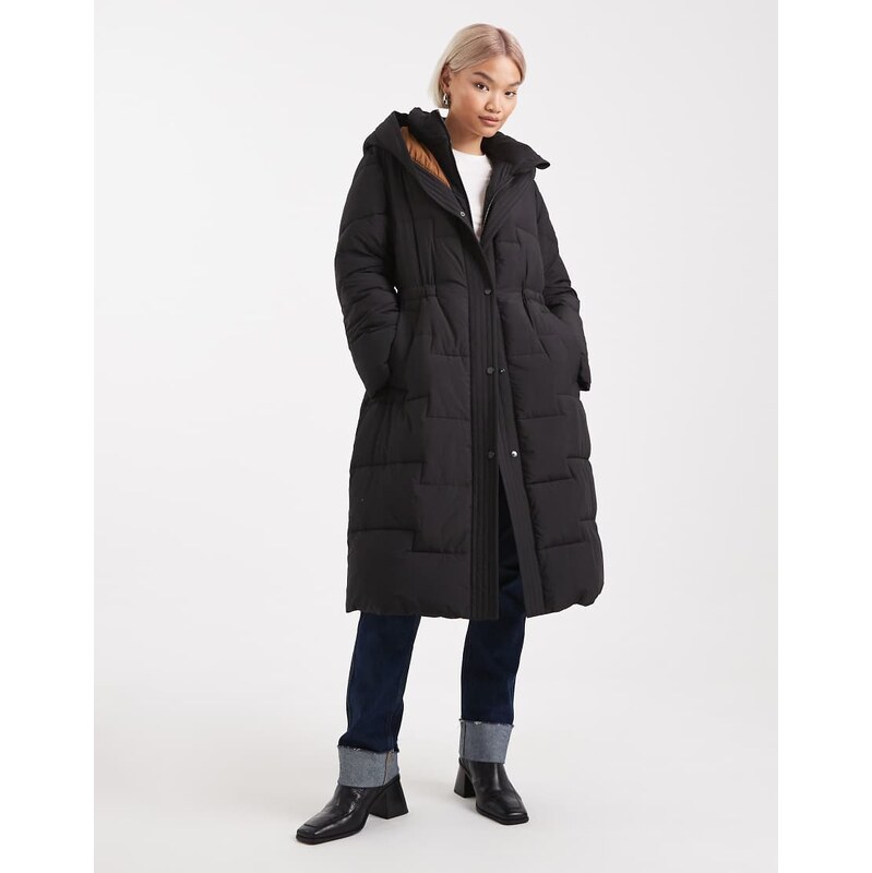 French Connection longline belted puffer coat in black