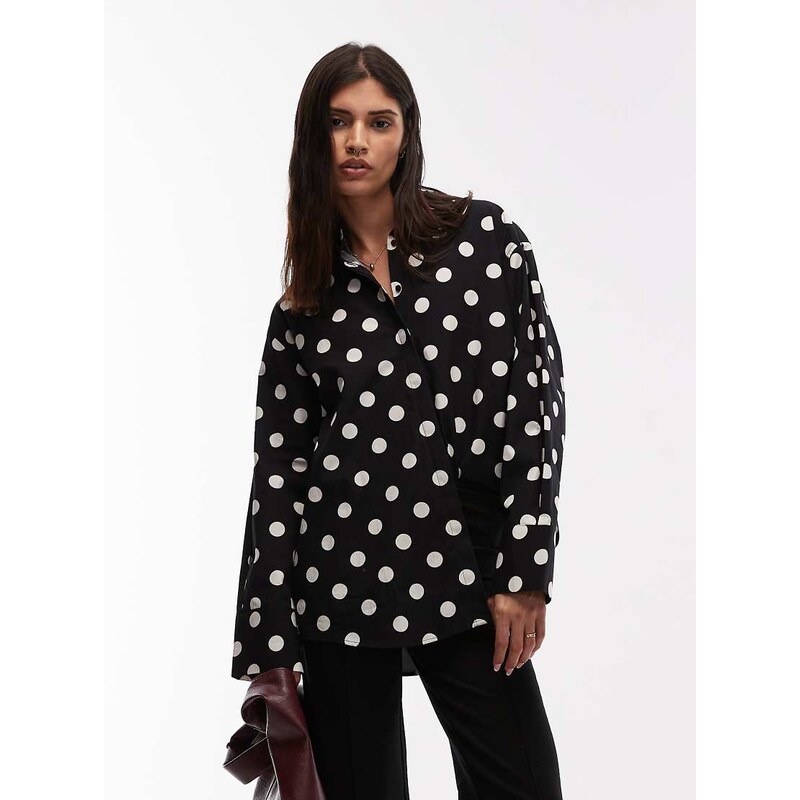 ASOS DESIGN oversized shirt with pleat in black polka dot-Multi