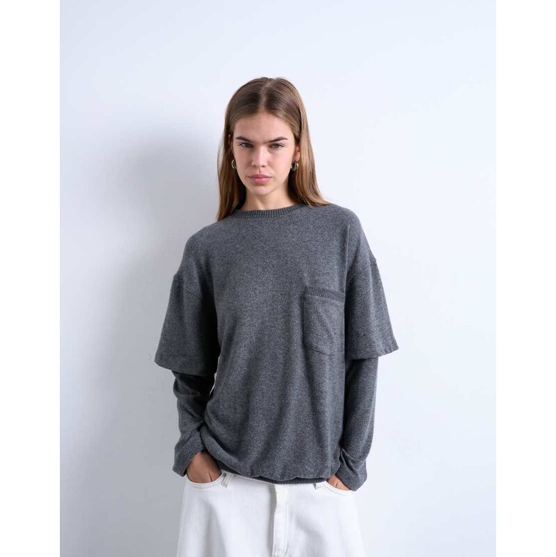 Topshop double layered pocket brushed t-shirt in charcoal grey 108808528