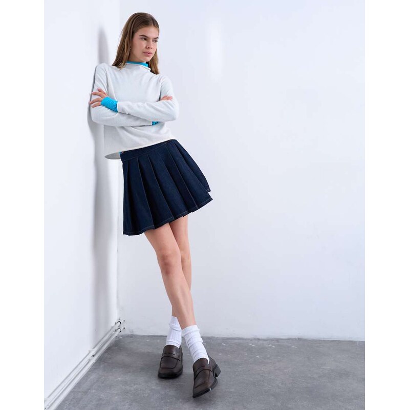 Topshop denim pleated wrap mini skirt in indigo-Blue
