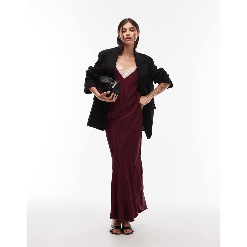 ASOS DESIGN satin lace trim plunge maxi dress in plum-Purple