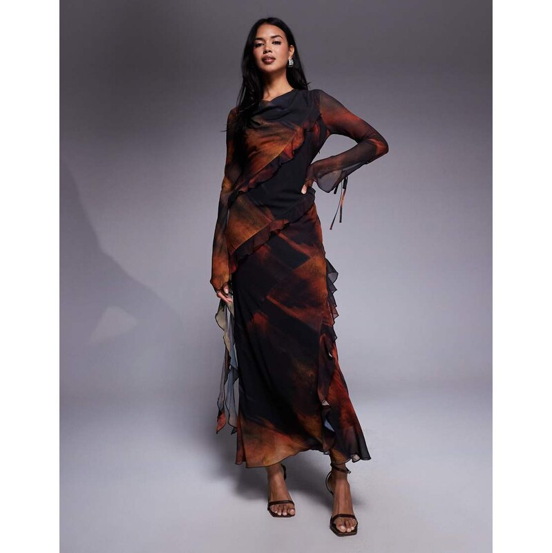 Daska chiffon maxi dress with frill details in orange abstract