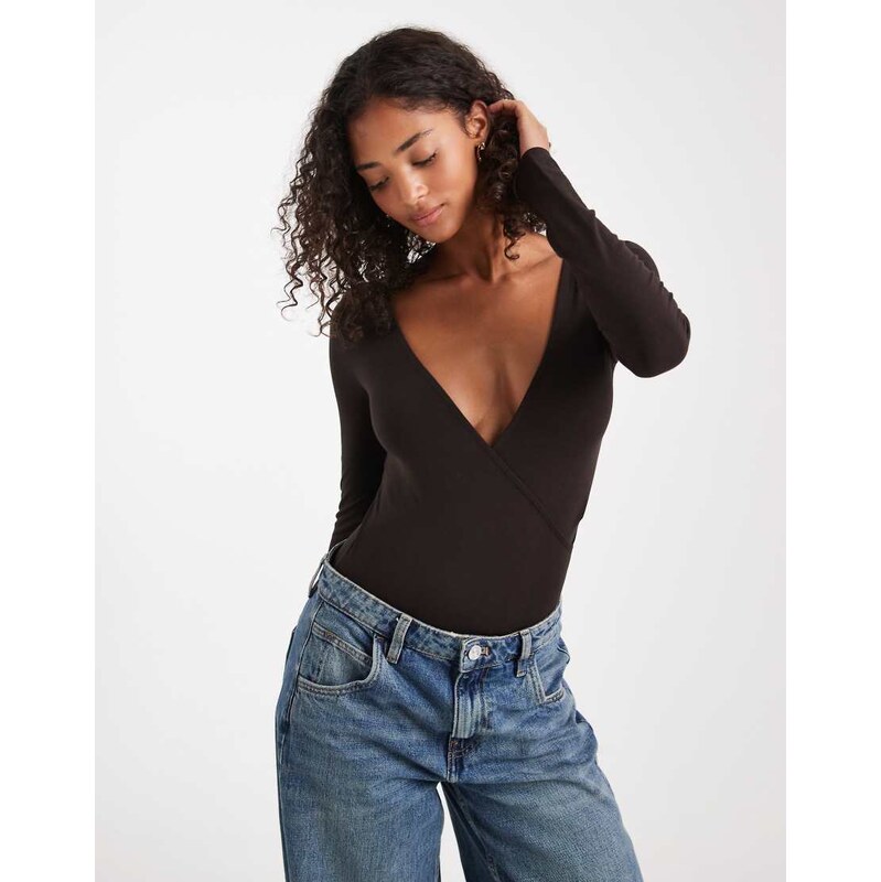 Miss Selfridge wrap long sleeve bodysuit in chocolate-Brown 108808703