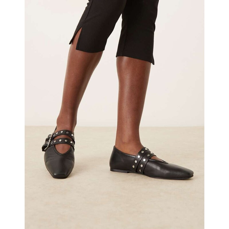 ASOS DESIGN Lava premium chisel toe mary jane ballets in black leather 115110895