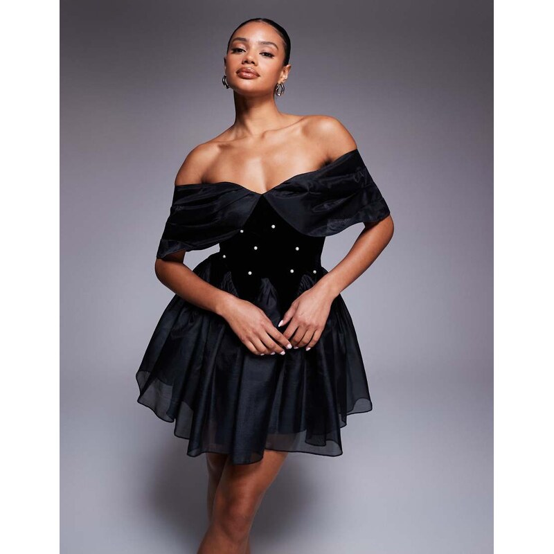 ASOS LUXE off shoulder pearl embellished velvet mini dress with 108809952
