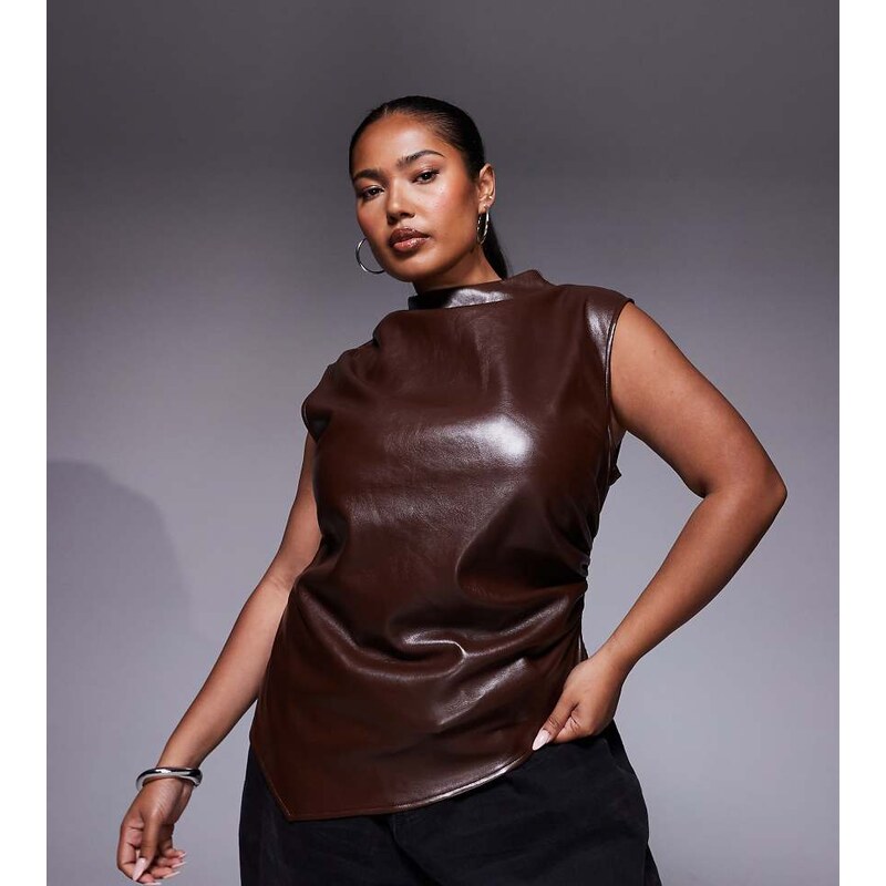 ASOS Curve ASOS DESIGN Curve leather look drape high neck asymmetric 110323140