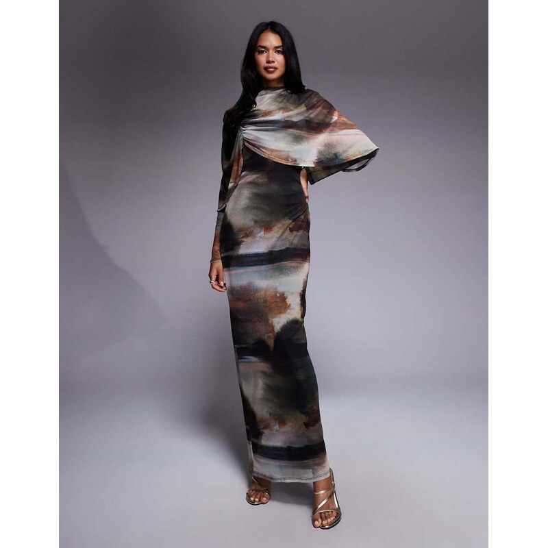 Daska over the shoulder cape maxi dress in abstract print-Multi