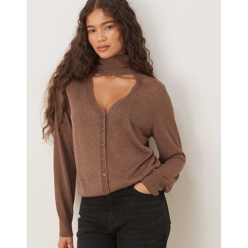 Mango fine knit cardigan with neck tie in brown 108809871